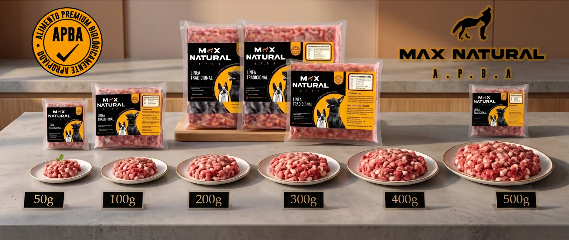 Comparativa de porciones Max Natural APBA de 50 g a 500 g servidas en platos